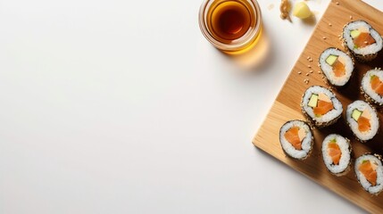 AI generated illustration of sushi and sake served on a white background