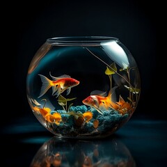 Sticker - AI generated illustration of goldfish in round glass with clear water