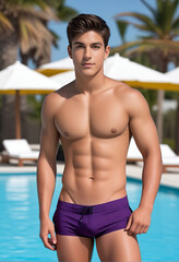 Wall Mural - Fit young man in purple swim trunks standing confidently by a luxury pool, summer vibes, wellness and fitness concept