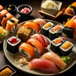 Plate of assorted sushi with a variety of toppings. AI-generated.