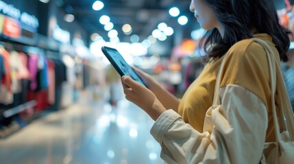 Poster - Woman using smartphone for checking price or shopping online at clothing store.