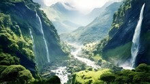 AI Generated Waterfall Flowing From Mountain  Surrounded By Dense Trees