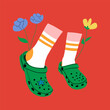 Pairs of female leg wearing Crocs with flowers. Vector hand drawn illustration.