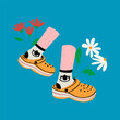 Pairs of female leg wearing Crocs with flowers. Vector graphic illustration.