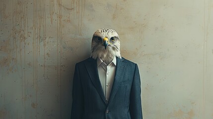 portrait of a business man with a hawk's head in suit, trading and stock investment concept