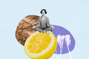 Poster - Composite collage picture of mini black white colors girl sit big lemon meditate isolated on creative background