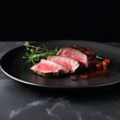 AI generated illustration of a deliciously roasted steak with rosemary on the table