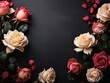 Flowers composition. Frame made of roses on black background. Flat lay, top view, copy space