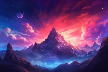 Wall Mural - AI generated illustration of a stunning nighttime landscape of majestic mountains