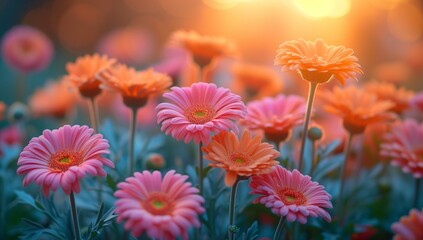 a flower garden with lots of pink flowers in it with the sun shining behind them