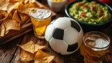 Fototapeta Londyn - AI generated illustration of a soccer ball on table guacamole and nachos