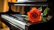 Single red rose on a classic piano in a dimly lit room, AI-generated.