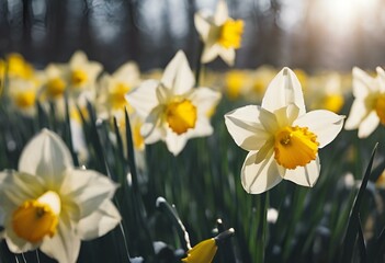 Wall Mural - the sun shining through a field of daffodils