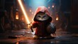 AI generated illustration of a small serious cat wearing a red hoodie and holding a lit sword