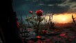 AI generated illustration of the red rose bush in the barren desolate landscape at sunset