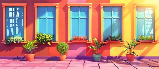 Poster - A vibrant house with a colorful facade, featuring a row of windows adorned with potted plants. The azure door adds an artistic touch to the rectangular building