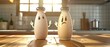 Animated salt shaker gesturing at sulking pepper, overhead light, frontal angle, kitchen dispute
