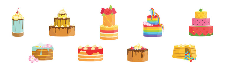 Wall Mural - Creamy Tier Cake with Top Decoration Vector Set