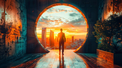 A person stands before a circular portal overlooking a futuristic cityscape at sunset, blending urban architecture with vibrant nature.