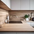 AI-generated illustration of a kitchen counter with wooden paneling and a small sink