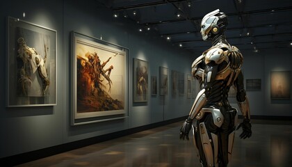 Wall Mural - ai generated illustration of a robot standing in a modern art gallery looking at paintings