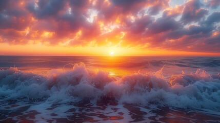 Wall Mural - a sunset that is orange and purple above a wave on the beach