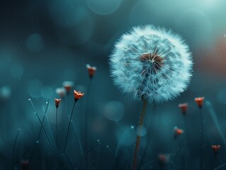 dandelion with sun and blue and white colors over it