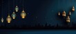 Arab lantern with a light inside in the night on background of lights and bokeh. Ramadan. Banner