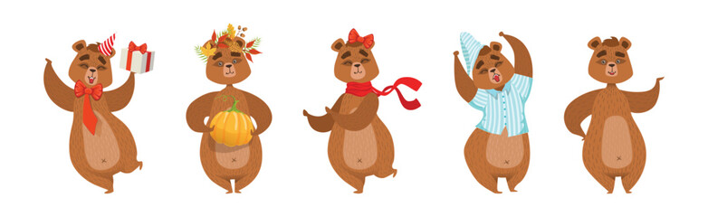 Canvas Print - Funny Brown Bear Animal Forest Character Engaged in Different Activity Vector Set