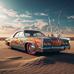 Sticker - AI generated illustration of a vintage car in a dessert with colorful graffiti adorning its exterior