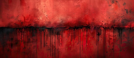 Wall Mural - A red-painted wall splattered with black drips of paint