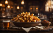 Canadian poutine, cheese curds, brown gravy, rustic bowl, dimly lit pub setting