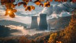 Twin cooling towers of a nuclear power plant dominate the center, emitting vapors against a vivid autumn landscape - AI Generated Digital Art