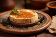 Tasty cheesecake in a clay dish against a ceramic mosaic background