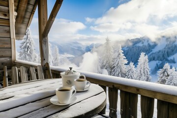 Wall Mural - AI-generated illustration of cups of coffee on a table with a winter landscape in the background