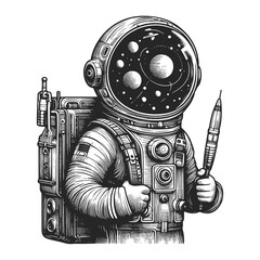 astronaut in vintage space suit, helmet reflecting an array of planets sketch engraving generative a