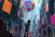 Curious child in a sweater holding a balloon on a busy city street, enchanted by the dazzling lights