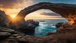 AI generated illustration of sunrise seen through a large natural stone arch on a rugged coastline