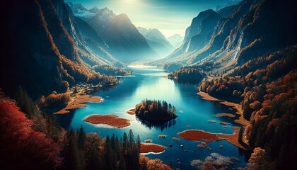 Wall Mural - Serene Autumnal Valley Reflections - AI Generated Digital Art