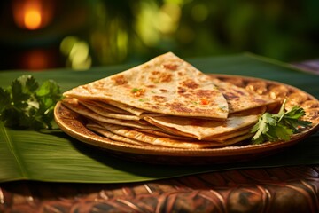 Tasty quesadilla on a palm leaf plate against a ceramic mosaic background