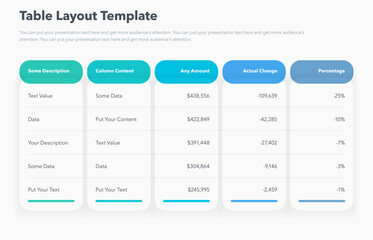 Poster - Table layout template with five colorful columns. Simple presentation template for data visualization.