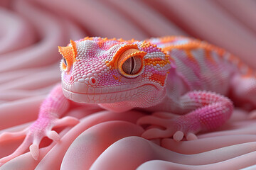 Poster - 3D minimalist soft plastic Green gecko lizard in pink and orange, designed,