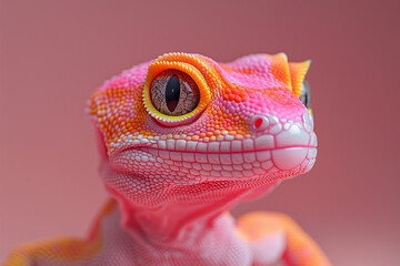 Poster - 3D minimalist soft plastic Green gecko lizard in pink and orange, designed,