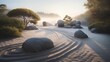 AI generated illustration of a tranquil beach with rocks lined up along the sand against lush trees
