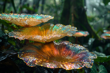 Aufkleber - Parasol mushrooms with canopies that reflect the history of the rainforest in shimmering holographic