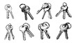 Keys bunch pencil sketch vector set. Opening locks doors modern steel metal on ring objects, white background isolated illustrations
