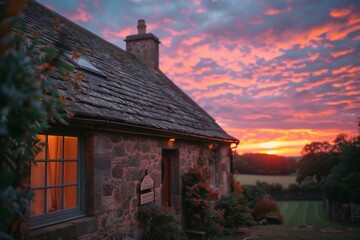 Wall Mural - a stone building with the sun setting behind it and the view of the countryside