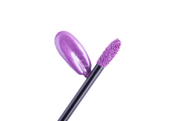 Canvas Print - Purple liquid lipstick and applicator isolated on white background. Swatch of lavender lip gloss. Top view, flat lay, copy space