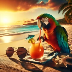 Wall Mural - ai generated illustration of an exotic parrot perched beside a refreshing drink on a tropical beach