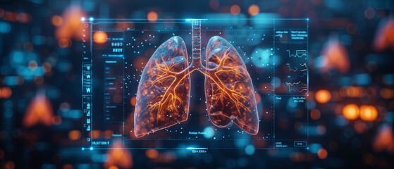 Poster - The healthcare and medical industry, innovations in technology, and medical care concept are represented by a radiologist diagnosing and treating virtual human lungs as well as long ovarian cysts on
